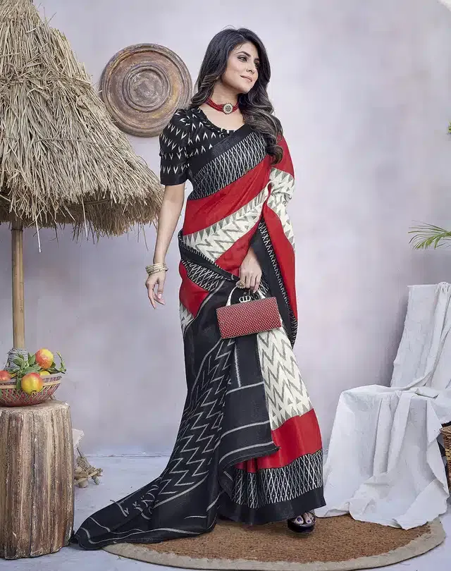 Art Silk Printed Saree for Women (Black, 6 m)