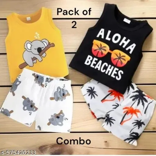 Hosiery Cotton Printed Clothing Set for Kids, Multicolor, Pack of 2 (0-6 Months)