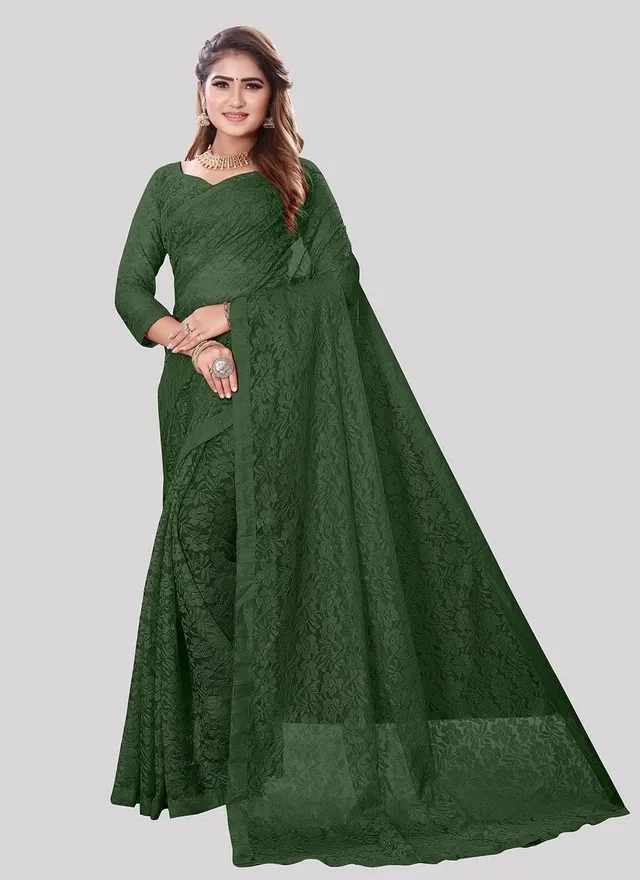 Net Floral Saree for Women (Olive, 6.3 m)