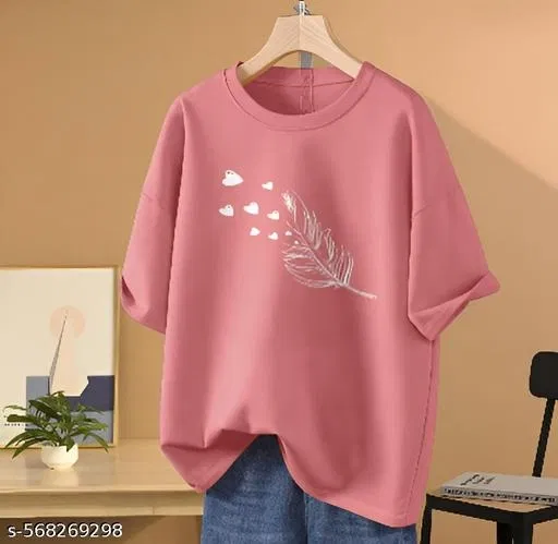 Cotton Blend Printed T-shirt for Women, Peach (M)
