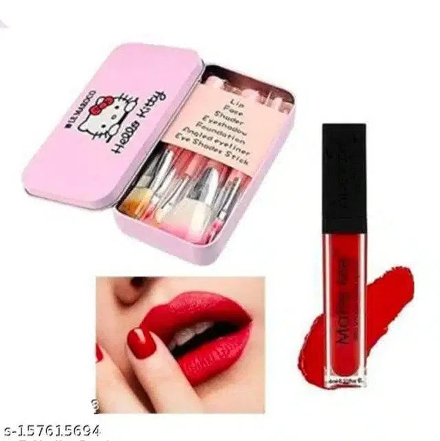 Combo of Matte Me Lipstick with 7 Pcs Makeup Brushes (Multicolor, Set of 2)