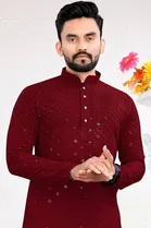 Cotton Blend Shiny Sequin Kurta for Men (Maroon, M)