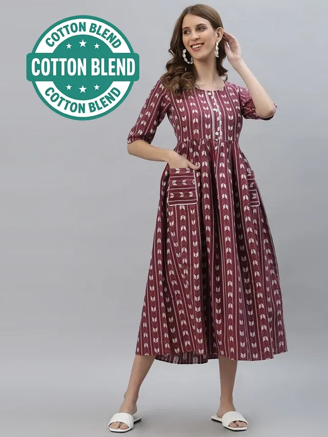 Cotton Printed Anarkali Kurti for Women (Maroon, XXL)