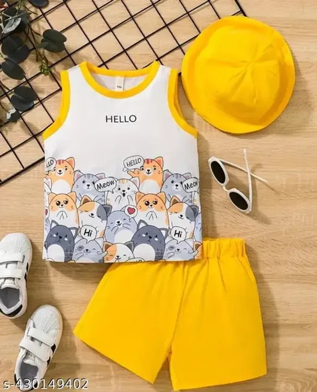 Cotton Printed Clothing Set for Boys (White & Yellow, 9-12 Months)