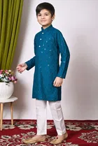 Rayon Cotton Embellished Kurta with Payjama for Boys, Teal & White 