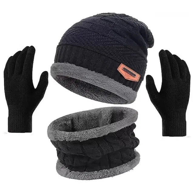 Woolen Cap with Neck Warmer & Gloves for Men & Women (Black, Set of 2)