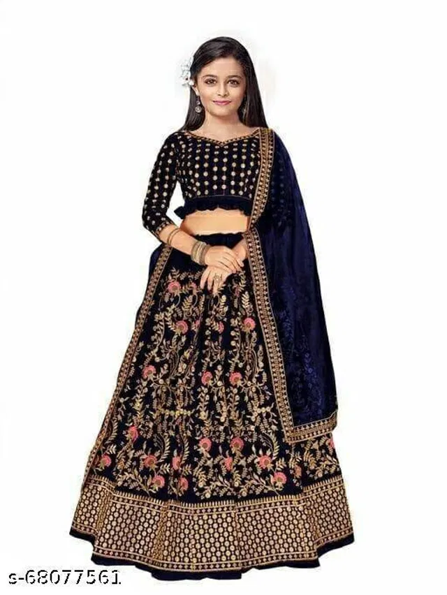 Satin Embroidered Lehenga with Choli & Dupatta for Girls (Navy Blue, 10-11 Years)