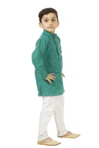 Cotton Blend Embroidery Kurta with Payjama for Boys, Teal & White 