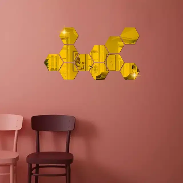Acrylic Hexagon Shaped Wall Mirror Stickers (Gold, Pack of 11)