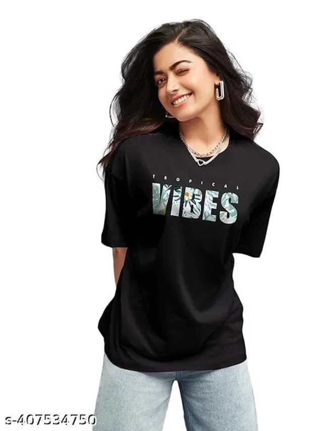 Cotton Round Neck Printed T-Shirt for Women (Black, XL)