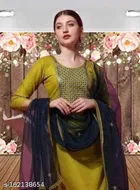 Cotton Blend Embroidered Kurta with Pant & Dupatta for Women 