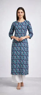 Cotton Blend Printed Kurti for Women, Blue 