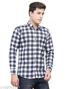 Cotton Blend Checked Shirt for Men, Navy Blue 
