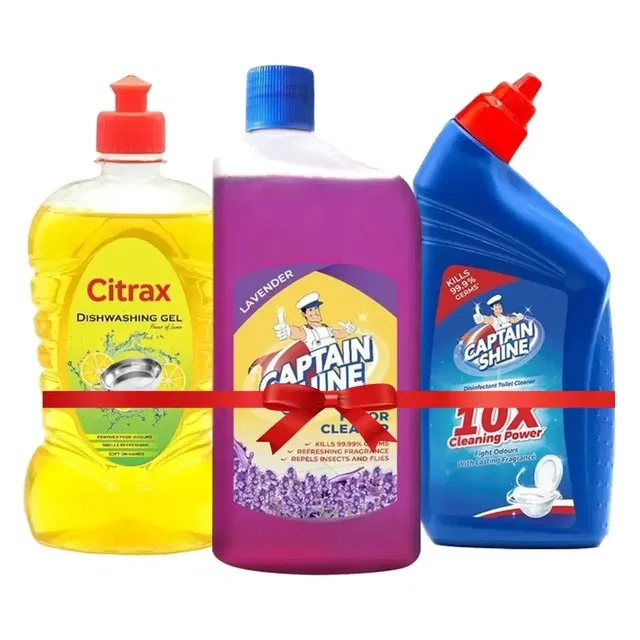 Captain Shine Disinfectant Floor Cleaner 500 ml (Lavender) + Captain Shine Disinfectant Toilet Cleaner 500 ml + Citrax Dishwash Gel 500 ml (Bottle)