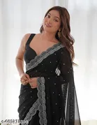 Georgette Printed Saree For Women, Black