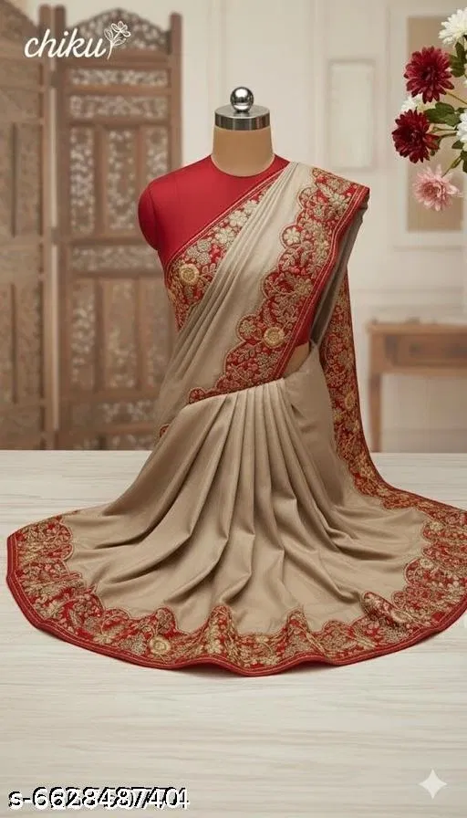 Georgette Solid Saree For Women, Brown