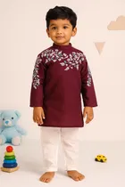 Dupion Silk Printed Kurta with Payjama for Boys, Wine & White 