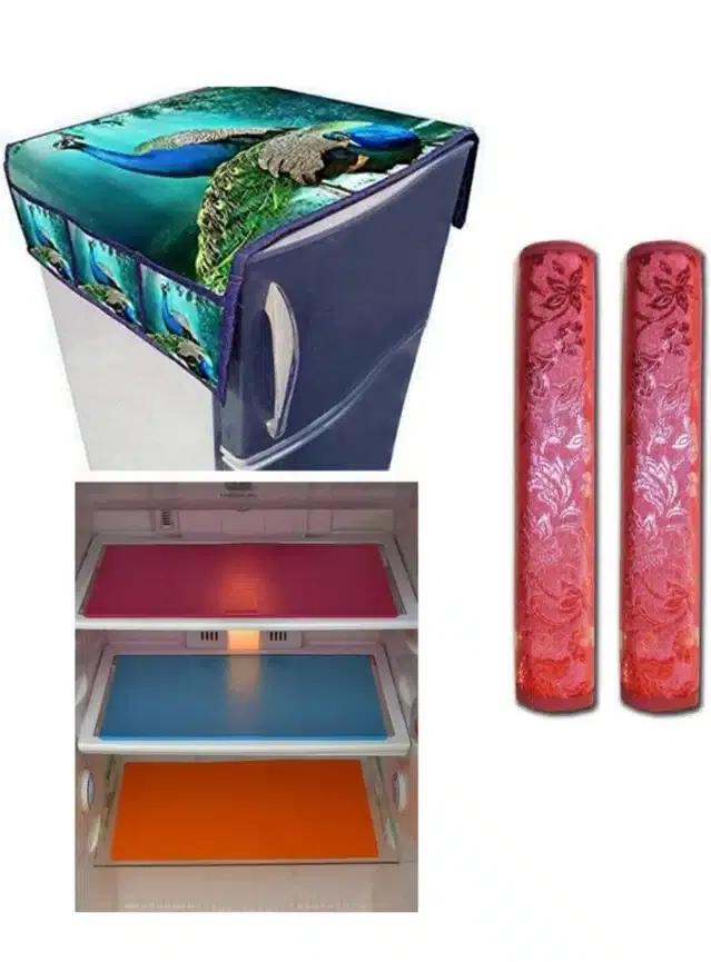 Knit Printed Fridge 3 Pcs Mat with 2 Pcs Handle & Top Cover (Multicolor, Set of 1)