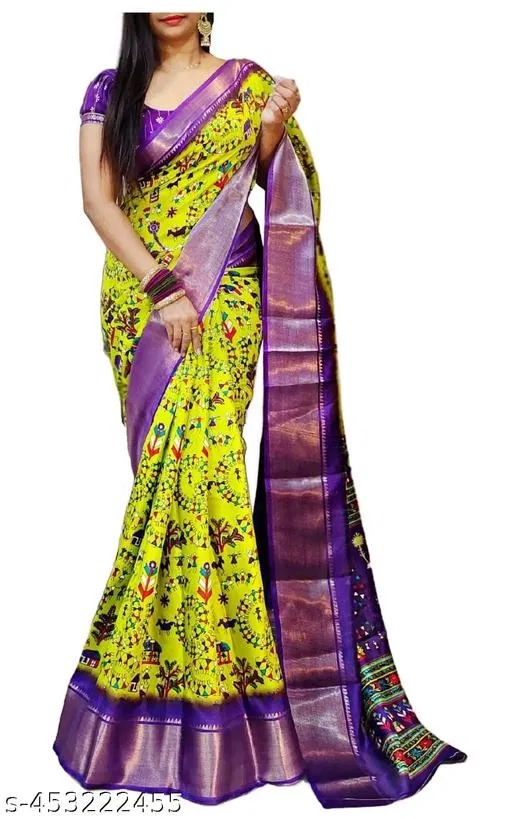 Printed Dola Silk Sequence Boarder Warli Art Saree for Women (Green)