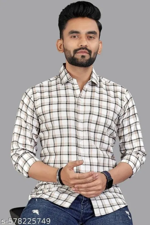 Polycotton Checked Shirts for Men, White (XL)