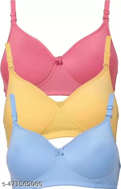 Cotton Blend Lightly Padded Full Coverage Non-Wired Bra for Women (Multicolor, 36) (Pack of 3)