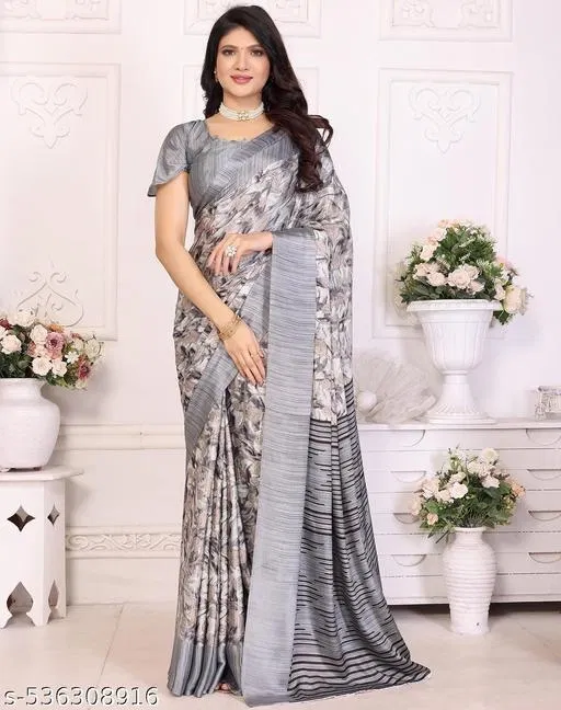Tussar Silk Printed Saree for Women, Grey (6.3 m)