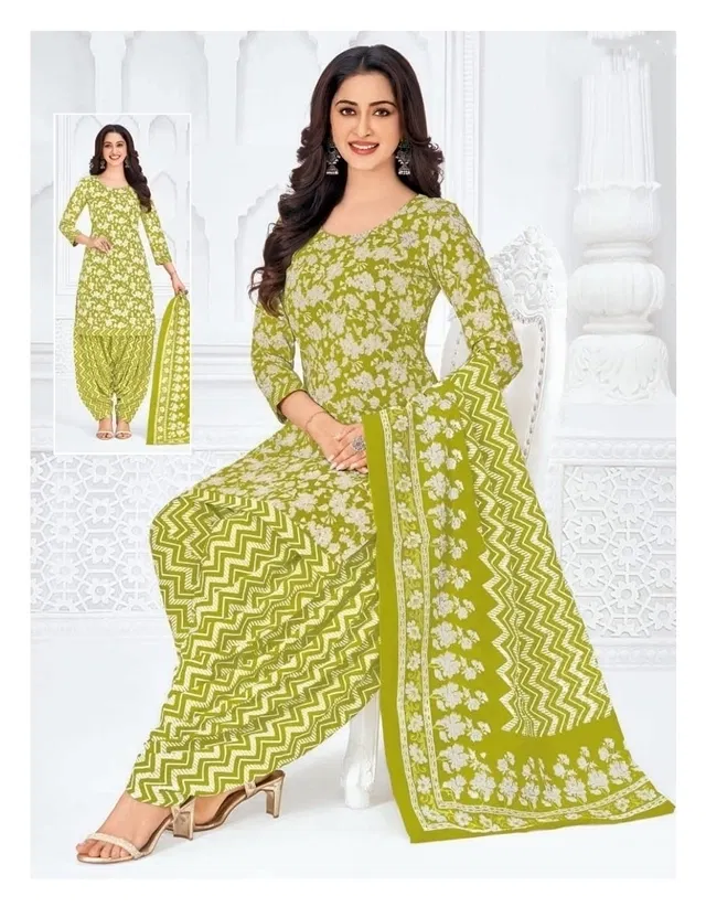 Crepe Floral Punjabi Suits for Women (Green, Green)