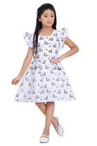 Cotton Blend Printed Frock for Girls (White & Black, 1-2 Years)