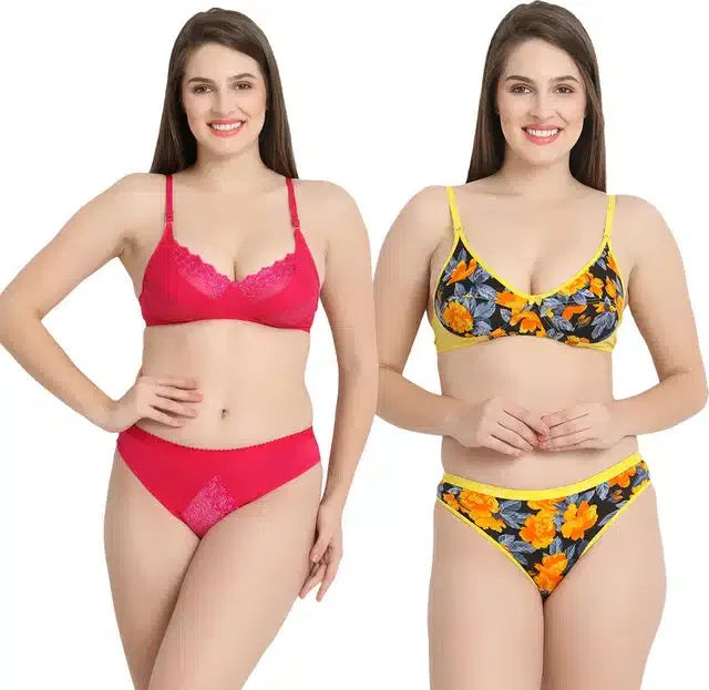 Silk Blend Lingerie Set for Women (Pink & Yellow, 36) (Set of 2)