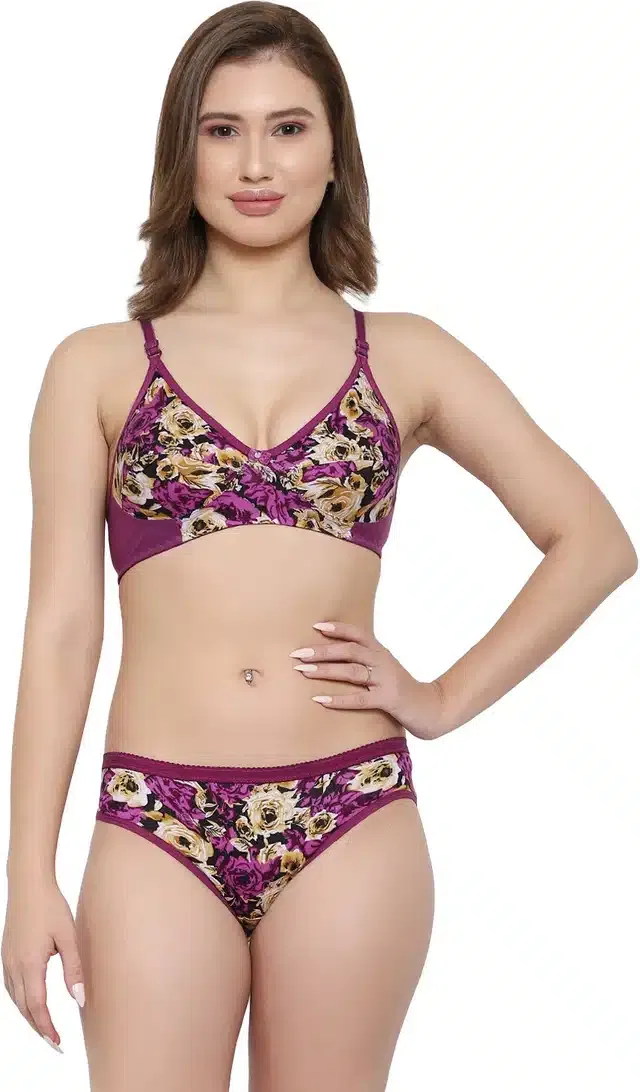 Cotton Blend Lingerie Set for Women (Purple, 36)