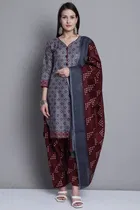 Cotton Blend Floral Kurti with Pant & Dupatta for Women 