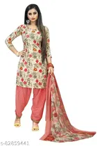 Floral Print Cotton Blend Unstitched Suit Fabric for Women, White & Pink