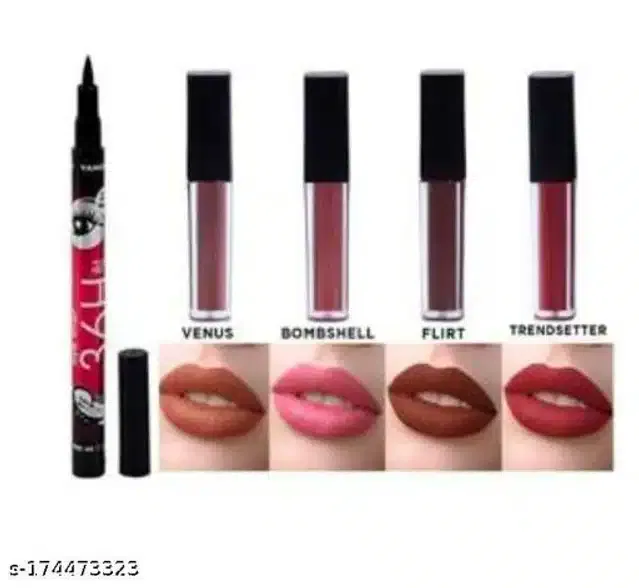Combo of Eyeliner with 4 Pcs Lipstick (Multicolor, Set of 2)
