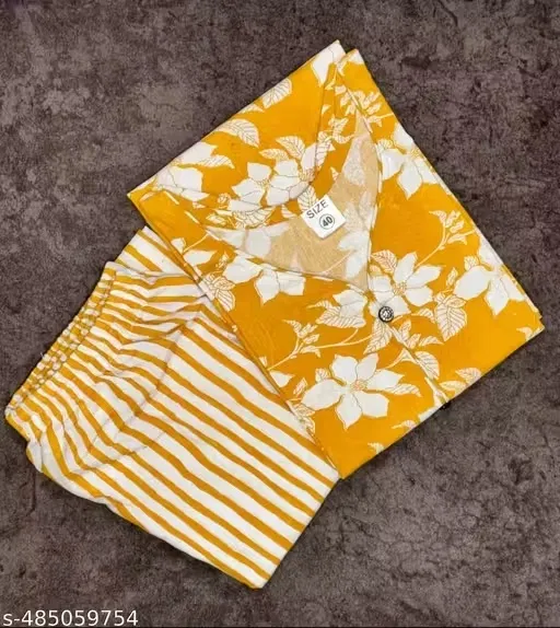 Dull Cotton Floral Print Kurta Set for Women, Yellow (XL)