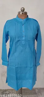 Cotton Solid Kurta Set for Men, White & Sky Blue 