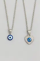 Women's Silver Evil Eye Pendant Necklace Set 