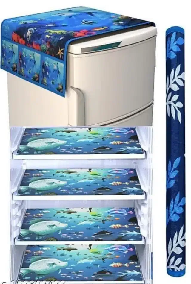 Knit Printed Fridge 4 Pcs Mat with Handle & Top Cover (Multicolor, Set of 1)