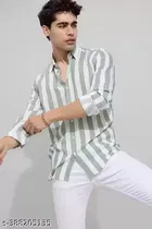 Cotton Blend Striped Shirt for Men, White & Green 
