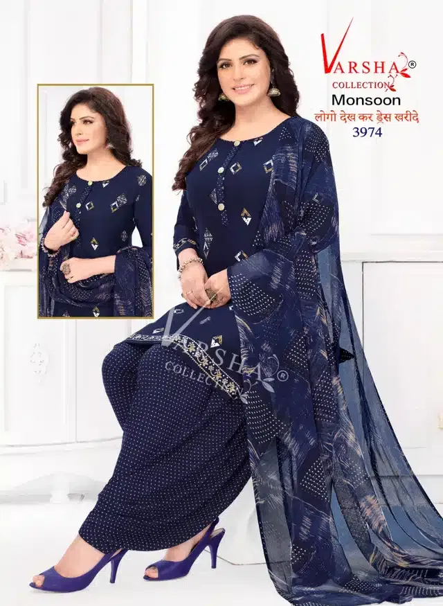 Synthetic Printed Unstitched Dress Material for Women & Girls (Blue)