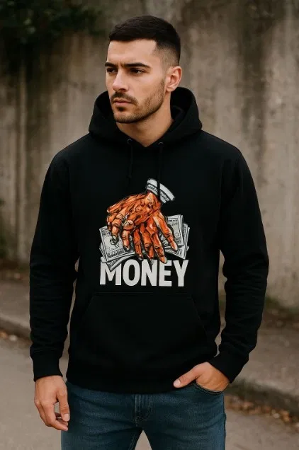 Fleece Printed Hoodie for Men, Black (M)