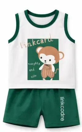 Teddy Bear Print Cotton Clothing Set for Kids ,Green & White (2-3 Years)