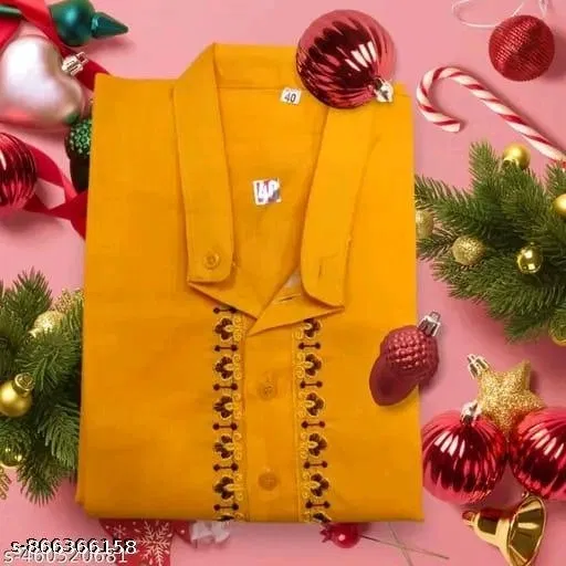Embroidered Cotton Kurta Set for Men (Yellow, M)