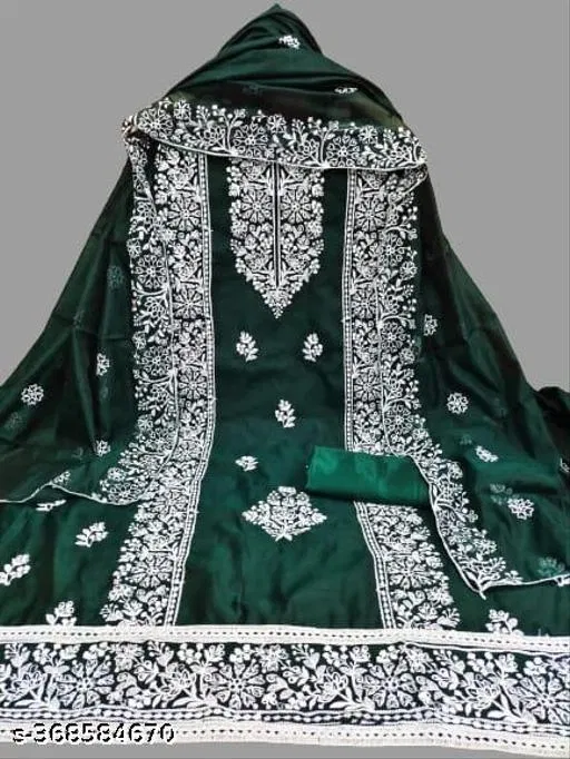 Chanderi Cotton Embroidered Punjabi/All Over Suits for Women (Green, Un Stitched)