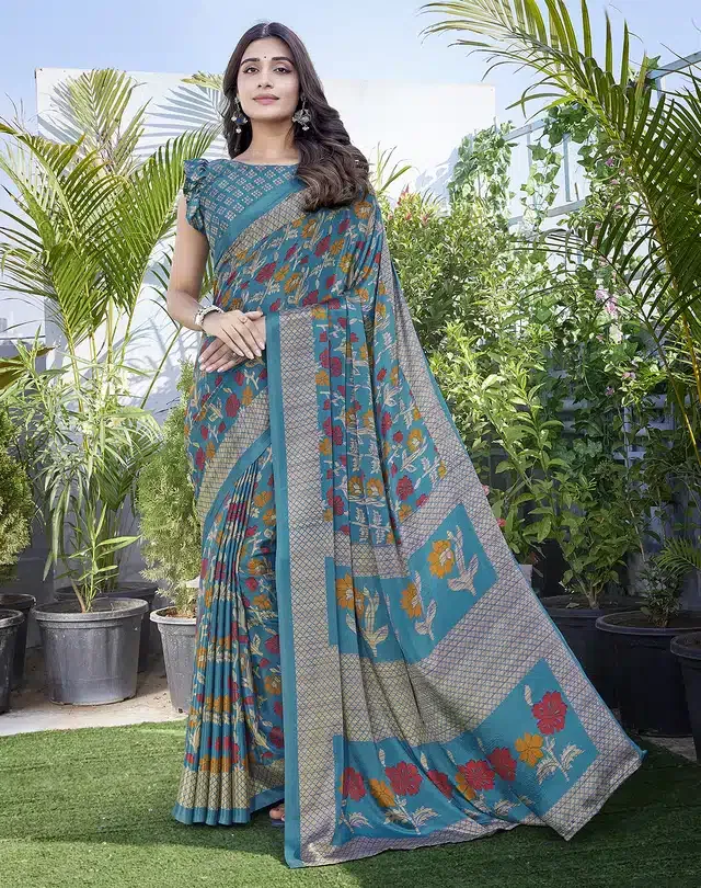 Chiffon Printed Saree for Women (Teal, 6 m)