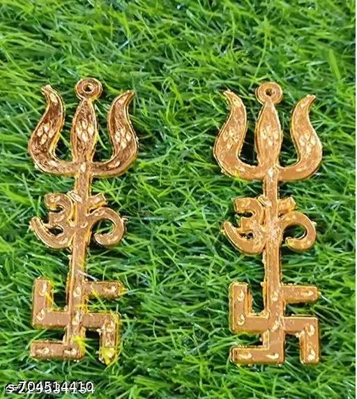 Swastik Om Trishul Trishakti Yantra, Pack of 2 (Gold, 1)