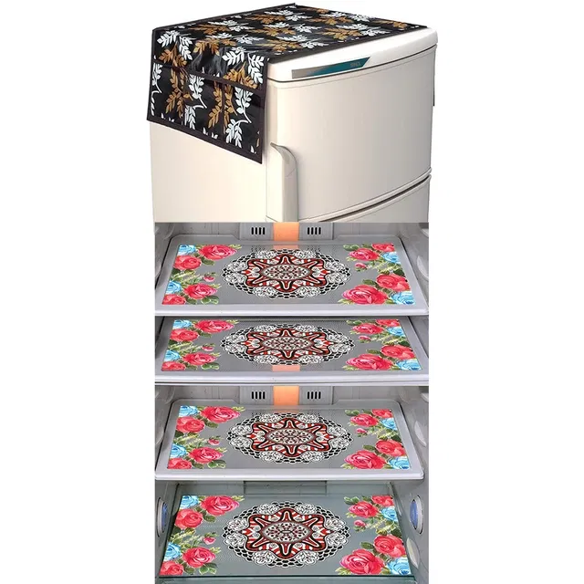 PVC Printed Refrigerator Top Cover & Mats (Multicolor, Set of 5)