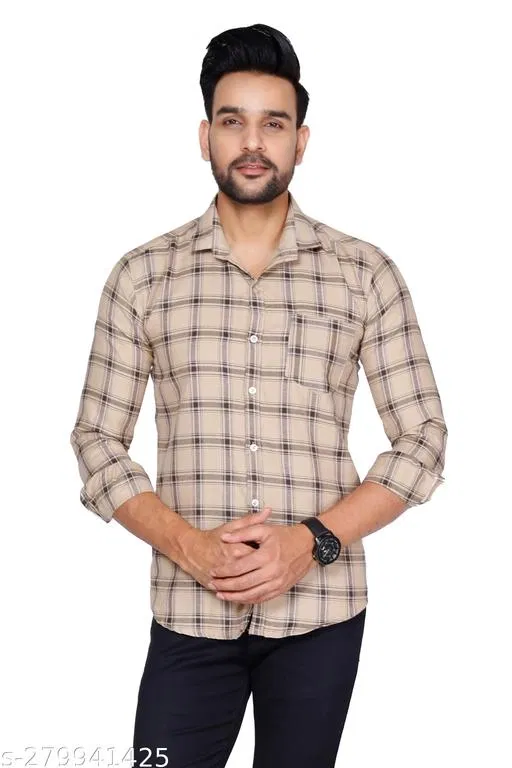 Cotton Blend Checked Shirt for Men, Cream (S) Pack of 1