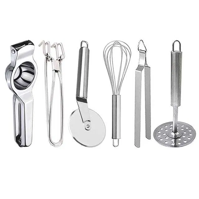 Stainless Steel Lemon Squeezer & Pakkad & Pizza Cutter & Egg Whisk & Roti Chimta & Potato Masher For Kitchen (Set of 6) (OC-058)