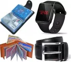Faux Leather Belt with Card Holder, Wallet & Digital Watch for Men (Multicolor, Set of 4)