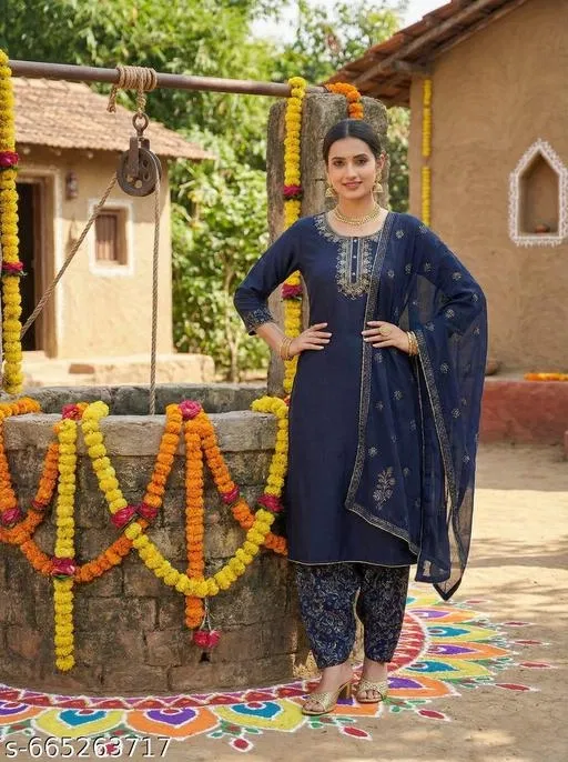 Solid Acrylic Kurta Set for Women (Blue, XXL)